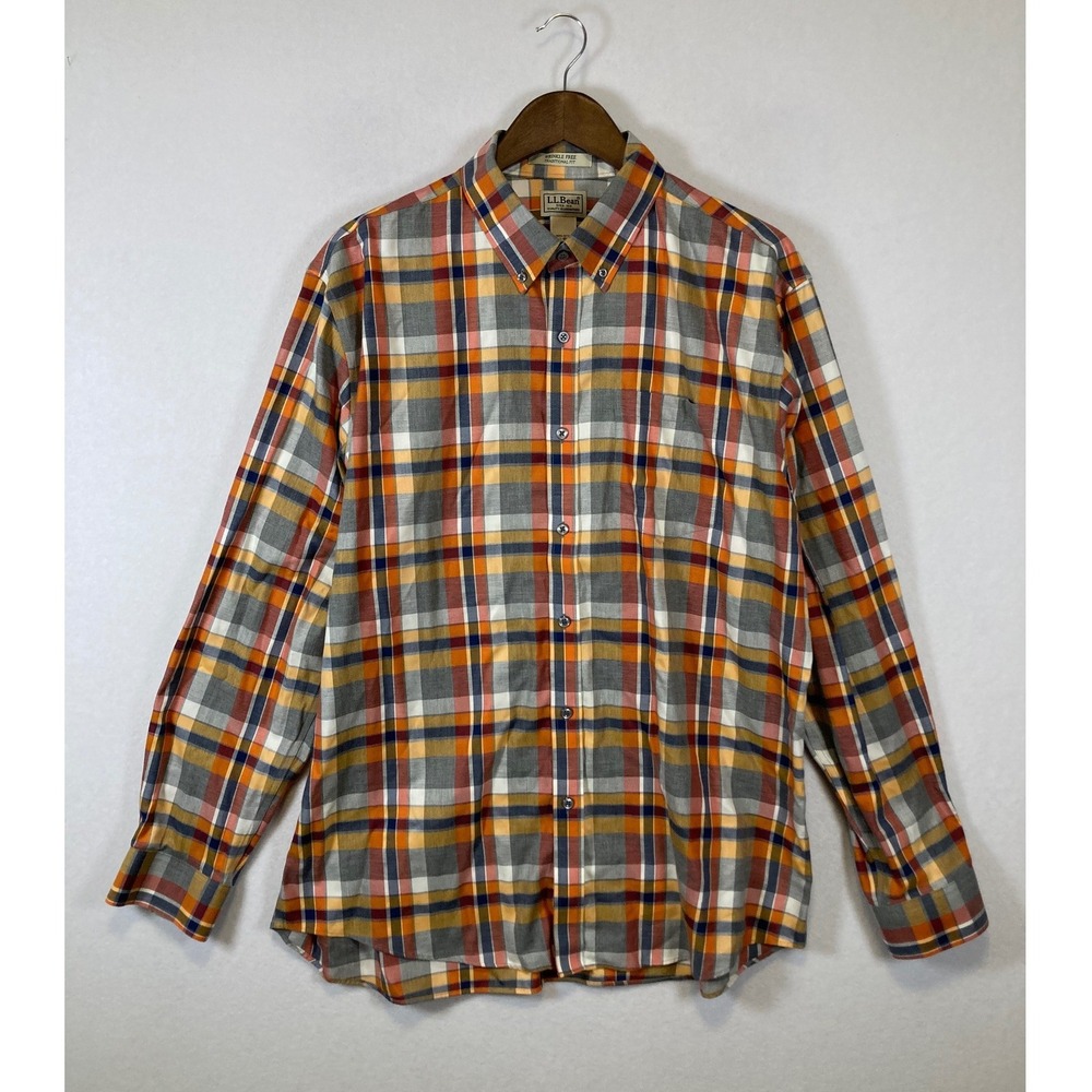 Outdoorsy LL Bean Mens Large L Orange Plaid Wrinkle Free Traditional Fit Shirt